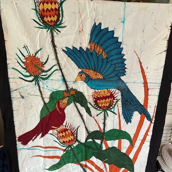 Artisan Handmade Batik Painting Cloth Wall Art Hanging Textile Birds Shibori NEW